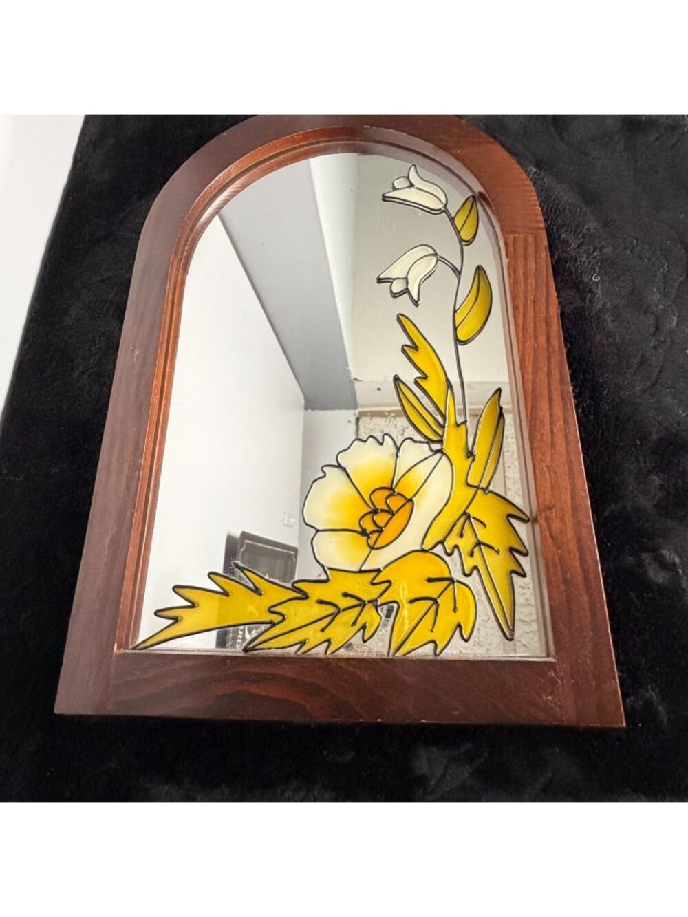 Vintage Floral Faux Stained Glass Wood Framed Arched Mirror 13”x9”